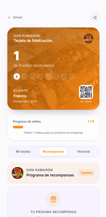 Tarjeta digital y recompensas de un cliente en Klivo